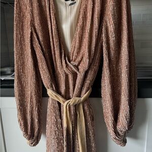 Retrofete Rose Gold Beaded Long-Sleeve Dress with Belt